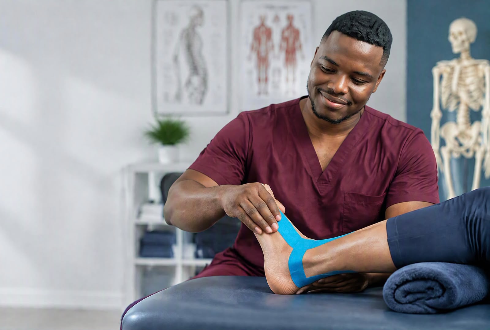 KineticCare Physiotherapy providing hands-on ankle rehabilitation and kinesiology taping in a professional clinic.